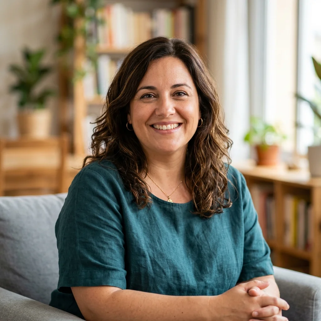 Mujer de 40 años sonriendo cordialmente