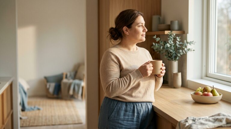 Mujer en una cocina luminosa disfrutando de una pausa matinal tranquila junto a la ventana